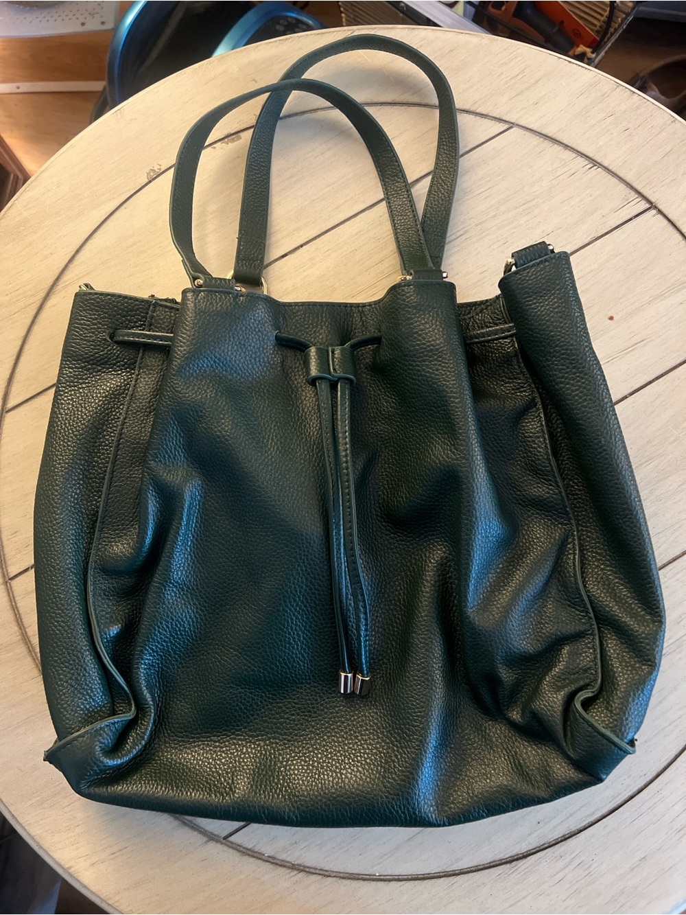 LAGGO Dark Green Leather Drawstring Tote Bag